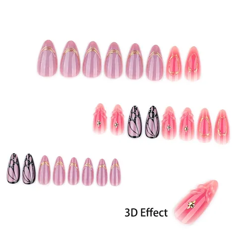 Butterfly Press On Nagels 3D Cat Eye Roze Paars Verloop Amandelvorm Handgeschilderd Lange Kunstnagels Dames