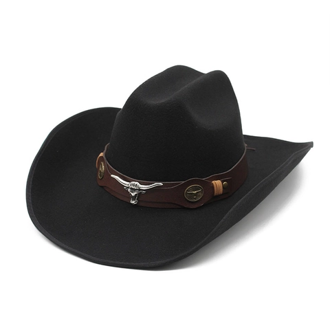 Western Cowboyhoed Wolvilt Brede Rand Leren Band Stierkop Metaal Decor Vintage Jazz Fedora Stijl Heren Dames