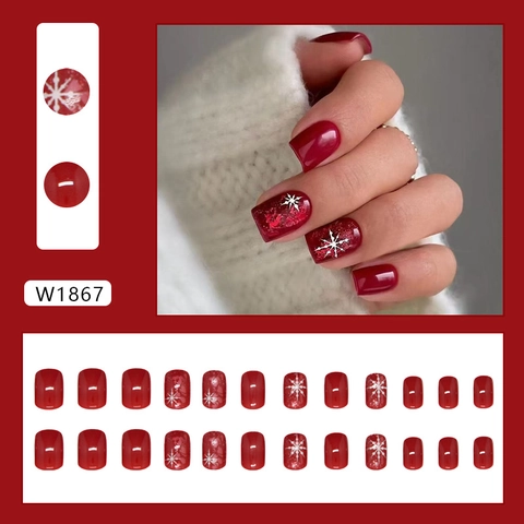 Uñas Postizas a Presión Cuadradas Copos de Nieve Navidad Rojo Ankara Purpurina Brillante ABS Uñas Postizas Mujer Fiesta Manicura
