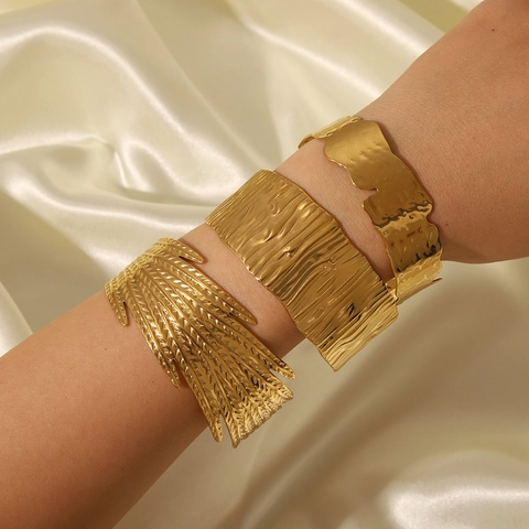 Statement Cuff Bangle Stainless Steel Hammered Textured Feather Pattern Irregular Wave Edge Modern Jewelry