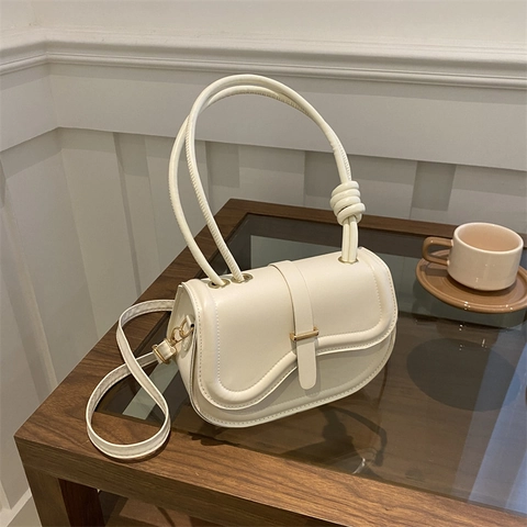 Women Saddle Shoulder Bag PU Leather Crossbody Handbag Knot Handle Magnetic Clasp Solid Color Fashionable Trendy