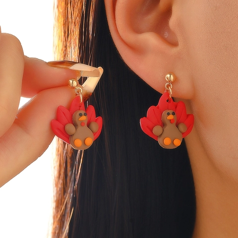 Creative Handmade Polymer Clay Turkey Stud Earrings For Women Thanksgiving Autumn Holiday Jewelry Gold Alloy Post Multi Color