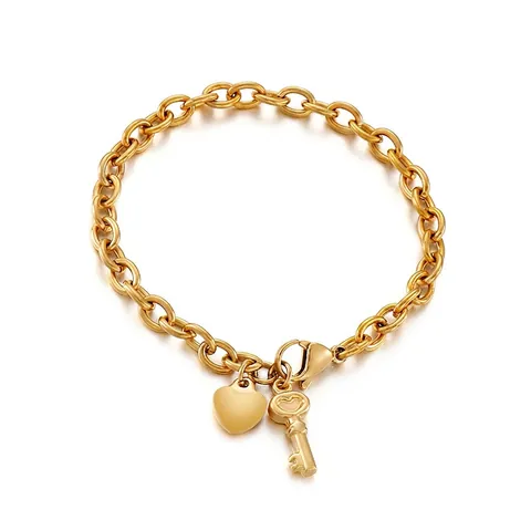 Pulsera De Acero Inoxidable De Moda Dijes De Corazón Y Llave Cadena Rolo Para Mujer Joyería Pulida Romántica Estilo Minimalista