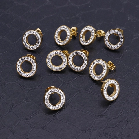 Boucles D Oreilles Rondes En Acier Inoxydable Avec Strass Géométrique Creux Mode Simple Bijoux Pour Femmes
