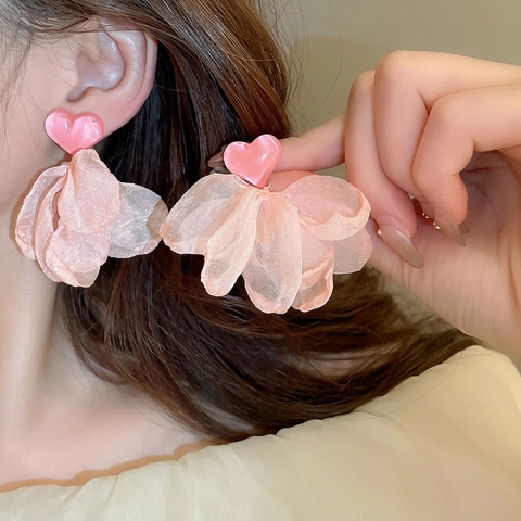 Heart Dangle Earrings With Organza Petals And 925 Sterling Silver Earring Post Sweet Romantic Korean Style Jewelry Women