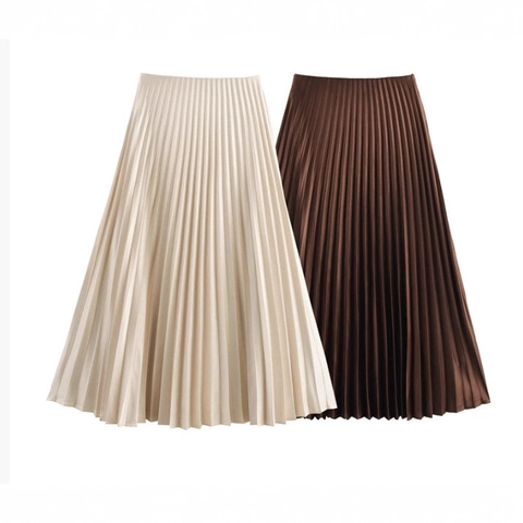 Women Pleated Midi Skirt High Waist A-Line Satin Finish Elegant Solid Color Streetwear Bottoms