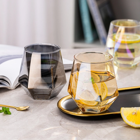 Hexagonal Glass Cup Iridescent Diamond Cut Whiskey Glass With Gold Rim Modern Geometric Water Tumbler For Home Bar