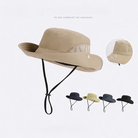 Wide Brim Bucket Hat Polyester Waterproof Breathable Mesh UV Protection Outdoor Fishing Hiking Sun Cap Unisex Windproof