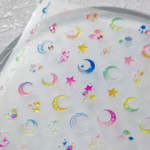 Nail Art Stickers 5D Embossed Adhesive Laser Gradient Holographic Star Moon Clouds Design Dreamy Romantic DIY Manicure Decoration