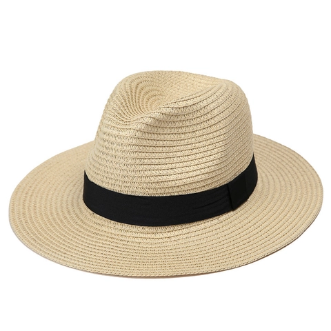 Classic Straw Fedora Hat Wide Brim Summer Sun Beach Panama Cap Breathable UV Protection Solid Color For Men Women