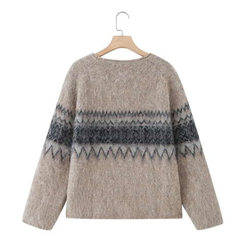 Suéter De Punto De Manga Larga Con Cuello Redondo Para Mujer Jacquard Geométrico De Zigzag De Cachemira