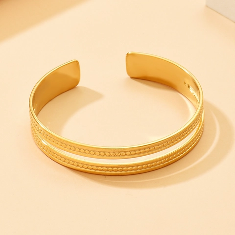 Stainless Steel Open Cuff Bracelet For Women Hollow Double Row Beaded Texture Retro Minimalist Gold Plated Jewelry Gift