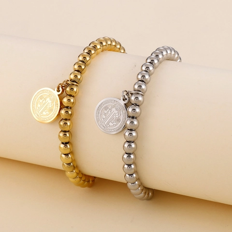 Bracelet À Billes En Acier Inoxydable Avec Médaille Saint Benoît Pendentif Religieux Coulissant Réglable Pour Femmes
