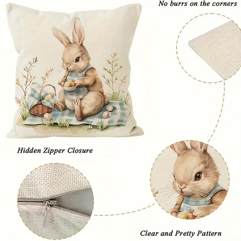 Easter Cushion Cover Linen Square Watercolor Rabbit Colorful Eggs Hidden Zipper Decorative Pillowcase Living Room Sofa