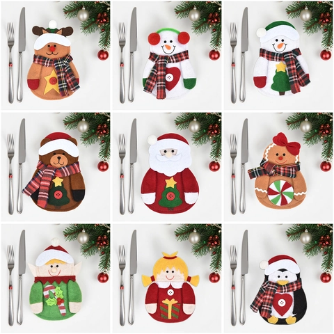 Porte Couverts De Noël Personnage En Feutre Père Noël Renne Bonhomme De Neige Pochette Décoration Table