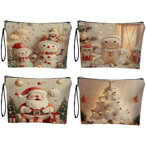 Christmas Makeup Bag Polyester Imitation Linen Portable Zipper Pouch Travel Toiletry Organizer With Wrist Strap Festive Cartoon Pattern
