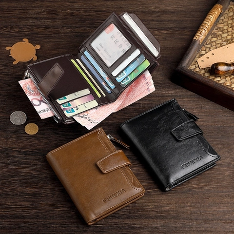 Cartera Hombre Plegable Corta Cuero PU Múltiples Ranuras Para Tarjetas Bolsillo Con Cremallera Botón Presión Estilo Vintage