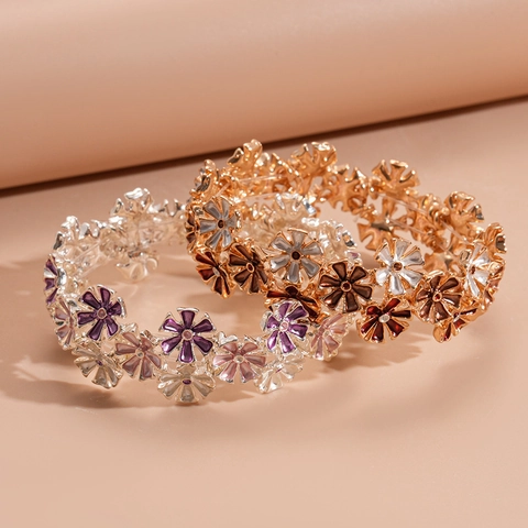 Bracelet Élastique Fleur Vintage Alliage Émail Goutte Huile Strass Style Ethnique Bohème Bijoux Pour Femmes