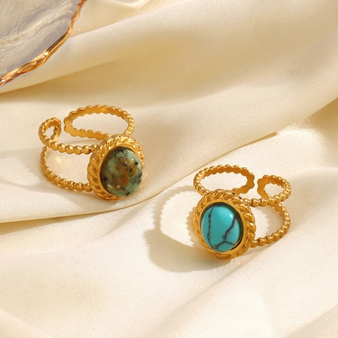 Anillo Abierto de Acero Inoxidable con Piedra Natural para Mujer Estilo Francés Ajustable Turquesa Geométrico