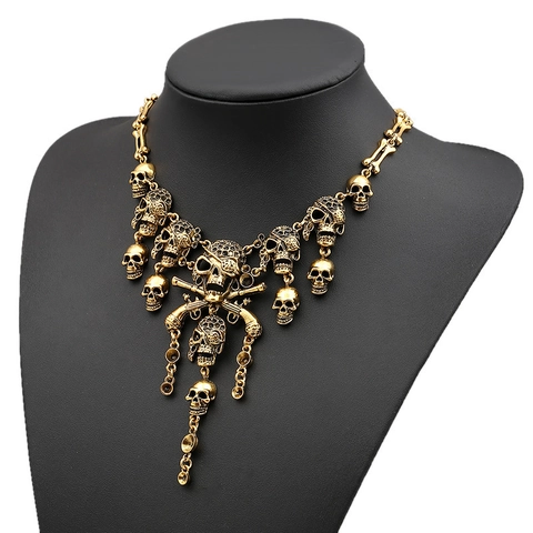Gothic Skull Head Necklace With Crossbones Pirate Style Zinc Alloy Halloween Punk Jewelry Unisex