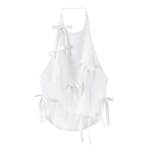 Top Halter Donna Acrilico Bianco Sporco Decorazione Fiocco Schiena Scoperta Sexy Stile Urbano Senza Maniche