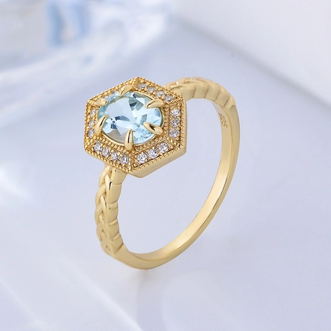 Vintage 925 Sterling Silver Hexagon Halo Ring Sky Blue Topaz Oval Gemstone Woven Band Gold Plated Rhinestone Statement Ring For Women Jewelry Gift