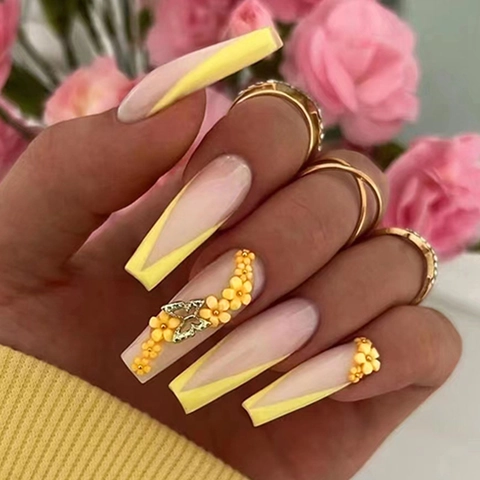 Ψεύτικα Νύχια Coffin Press On Nails Με Γαλλική Μύτη V Με Τρισδιάστατα Λουλούδια Και Διακοσμητικά Πεταλούδας Με Στρας Κίτρινο Μανικιούρ