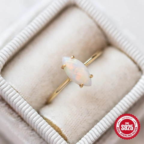 Marquise Cut Opal Ring 925 Sterling Silver Gold Plated Minimalist Geometric Gemstone Jewelry Wedding Engagement Ring For Women