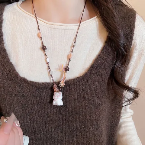 Collana Lunga Vintage Stile Maillard Con Ciondolo Gatto Floccato Perline Stella In Acrilico Nappa Arcobaleno Corda Intrecciata