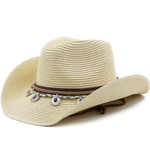 Western Cowboy Straw Hat With Ethnic Beaded Band Wide Brim Summer Beach Sun Hat Breathable Adjustable Chin Strap Retro Style