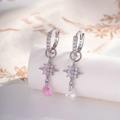 Achtpuntige Ster Ringoorbellen Met Druppel Zirkoon Hanger Koper Micro Pave Elegante Sieraden Voor Dames Meisjes