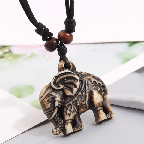 Tribal Ethnic Animal Pendant Necklace Alloy Resin Imitation Bone Wolf Elephant Bull Head Wood Bead Rope Jewelry