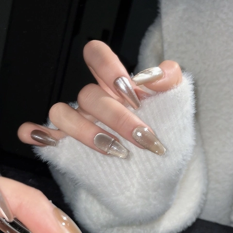 Handmade Nude Metallic Mirror Cat Eye Press On Nails Minimalist Champagne Gold Shimmer Coffin Shape Reusable False Nails For Women