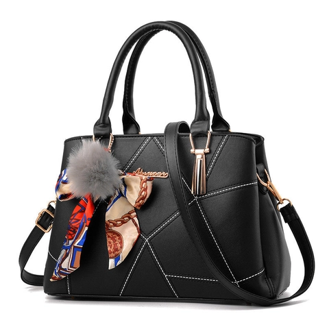 Women PU Leather Handbag Geometric Stitching Fashion Shoulder Bag With Scarf And Fur Ball Pendant Sweet Elegant
