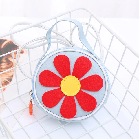 Kinder Mädchen Sonnenblume Runde Umhängetasche PU Leder Cartoon Blumenmuster Schultertasche Süße Kleine Geldbörse
