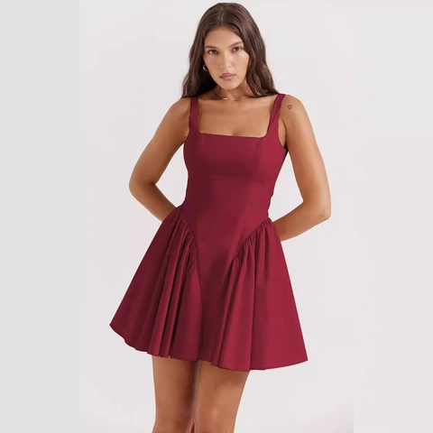 French Square Neck Backless Mini Dress Solid Color Sleeveless Large Bow Tie Pleated Puffy A-Line Elegant Summer Women
