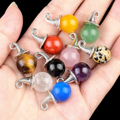 Wizard Hat Round Ball Pendants Natural Gemstone Crystal Agate Charms For Diy Jewelry Making Halloween Theme Crafting Accessories