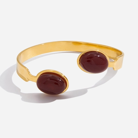 Bracciale Rigido Aperto in Acciaio Inossidabile Vintage Placcato Oro Con Agata Rossa Incastonata Gioielli Chic Bohemian per Donna