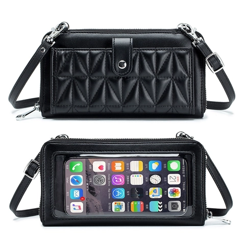 Split Leather Crossbody Phone Bag Wallet With Touch Screen Window Quilted Pattern Adjustable Strap Multi Card Slots