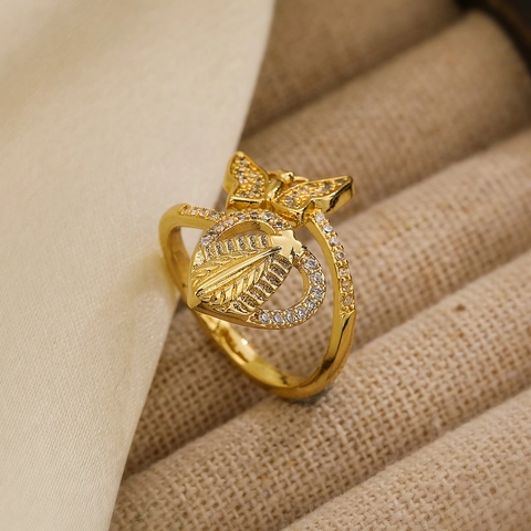 Anello Aperto in Rame Placcato Oro 18K per Donna Minimalista Strass Farfalla Grano Geometrico Anello Regolabile Gioielli Regalo