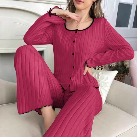 Geribbelde Pyjama Top En Broek Lange Mouwen Loungewear Met Strik Contrastbies Dames Polyester Viscose Mengsel