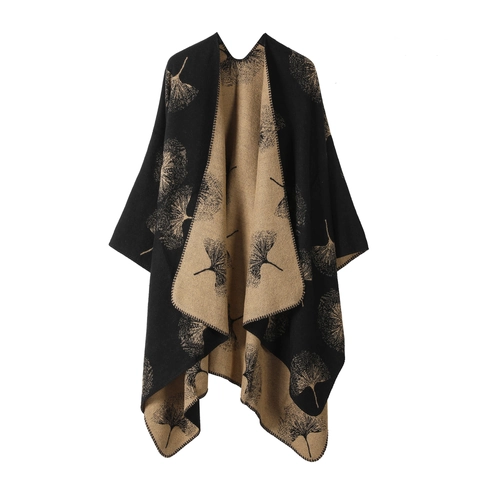 Women Vintage Imitation Cashmere Poncho Cape Winter Warm Knitted Shawl Artistic Oil Painting Print Outerwear Travel Wrap