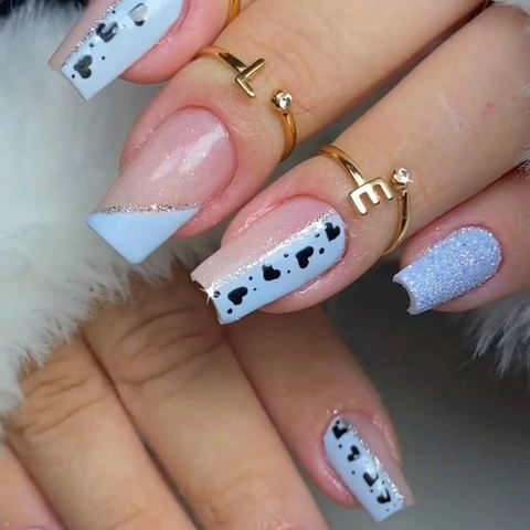 French Style Press On Nails Blue Pink Heart Pattern Square Fake Nails Glitter Sweet Manicure For Women