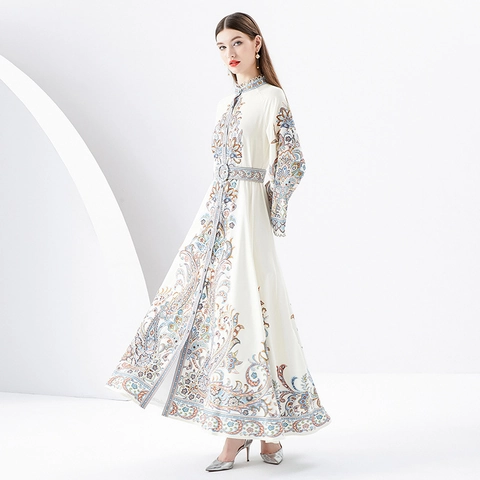 Abito Lungo Elegante In Chiffon Donna Colletto Alla Coreana Maniche Lunghe A Campana Stampa Paisley Vintage Boho Con Cintura