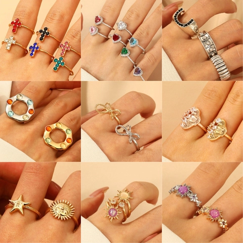 Adjustable Open Rings For Women Copper And Alloy Zircon Heart Sun Moon Cross Face Design Fashion Jewelry