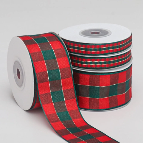 Weihnachts-Karo-Band Gewebtes Rot-Grünes Tartan Mit Goldrand Für Geschenkverpackungen Feiertags-DIY-Basteleien Dekor
