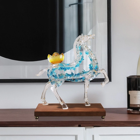 Transparent Resin Horse Figurine With Gold Ingot And Solid Wood Base Nordic Light Luxury Sculpture For Office Home Decor