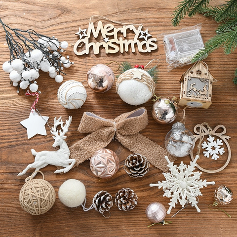 Decoraciones Para Árbol De Navidad Con Tira De Luces LED Plástico Madera Tela Y Piñas Para Decoración De Hogar Y Fiesta Festiva