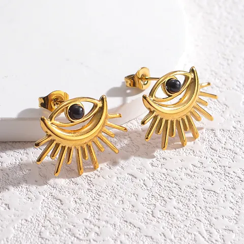 Vintage Stainless Steel Evil Eye Stud Earrings For Women Sunburst Radiant Design Black Bead Inlay Fashion Jewelry Earrings