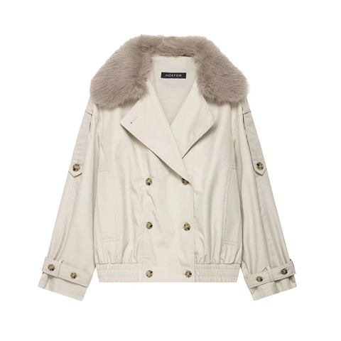 Giacca A Vento Corta Con Collo In Pelliccia Sintetica Impermeabile Doppio Petto Avorio Twill Capispalla Da Donna Chic